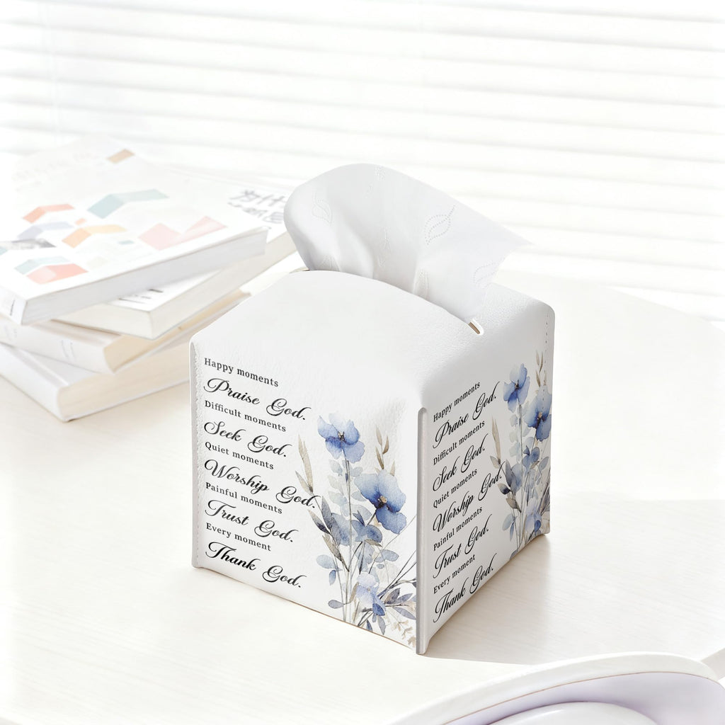 Leather Square Tissue Box Cover, Christian Floral