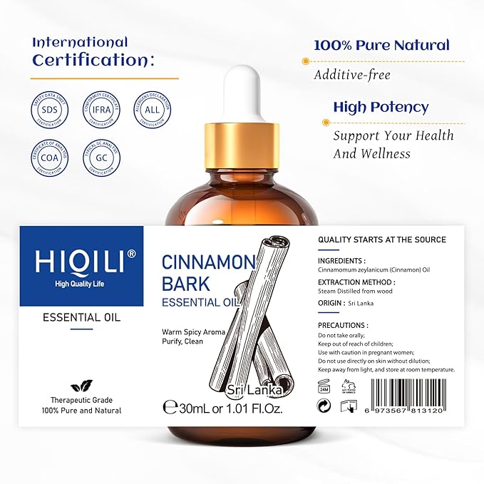 HIQILI Cinnamon Essential Oil for Aromatherapy, Spray & Diffuser