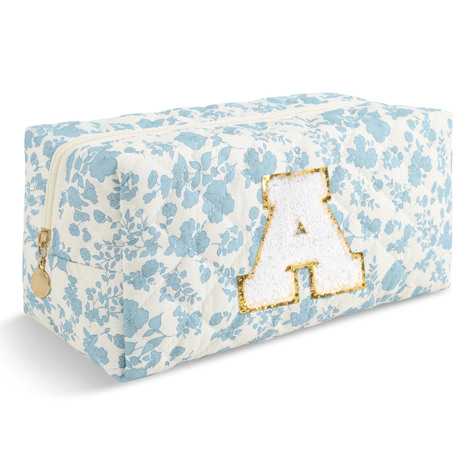 Bride Gifts – Personalized Initial Makeup Bag with Pearl Rhinestone Patch, Preppy White Monogram Cosmetic/Toiletry Pouch, bridesmaid Gifts, Bridal Shower Gifts, Wedding Gifts, Bridal Gifts,U — A