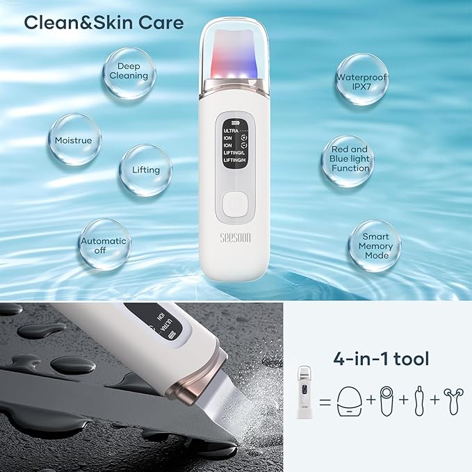 SEESOON Face Scrubber Exfoliator, Skin Scrubber Face Spatula, 4 Modes Blackhead Remover Tools for Facial Deep Cleansing with LCD Display, IPX7 Waterproof-White