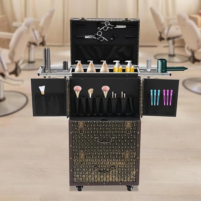 QUEWATSA Rolling Makeup Case Large Storage Cosmetic Trolley, Rolling Lockable Makeup Train Case, Stylist Beauty Salon Cosmetic Luggage Travel Organizer Tool Box with Hair Dryer Holder (Brown+Bronze)