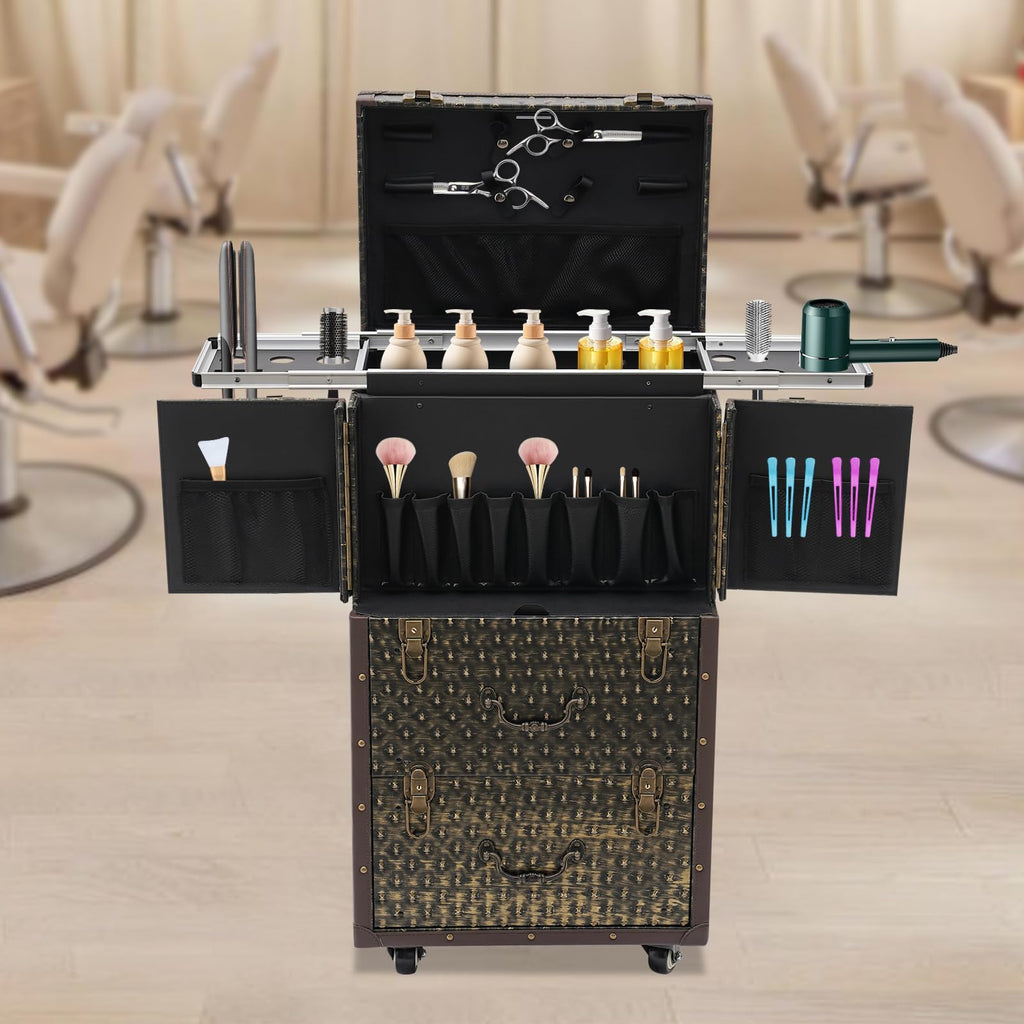 QUEWATSA Rolling Makeup Case Large Storage Cosmetic Trolley, Rolling Lockable Makeup Train Case, Stylist Beauty Salon Cosmetic Luggage Travel Organizer Tool Box with Hair Dryer Holder (Brown+Bronze)
