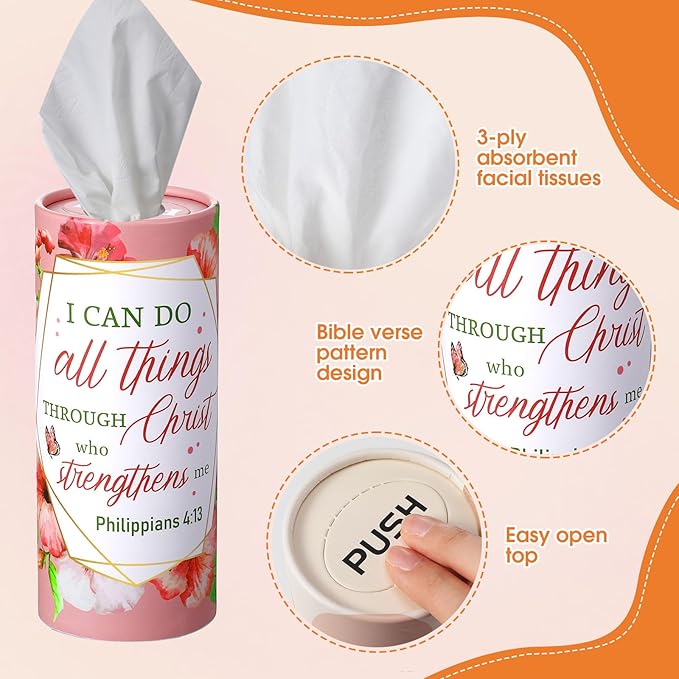 Outus 12 Pack Floral Christian Car Tissue Holder Cylinder with 3 Ply Facial Napkin Refillable Round Tube Tissue Boxes Container for Car Cup Holder SUV Home Office Travel Religious Bible Verse Gift