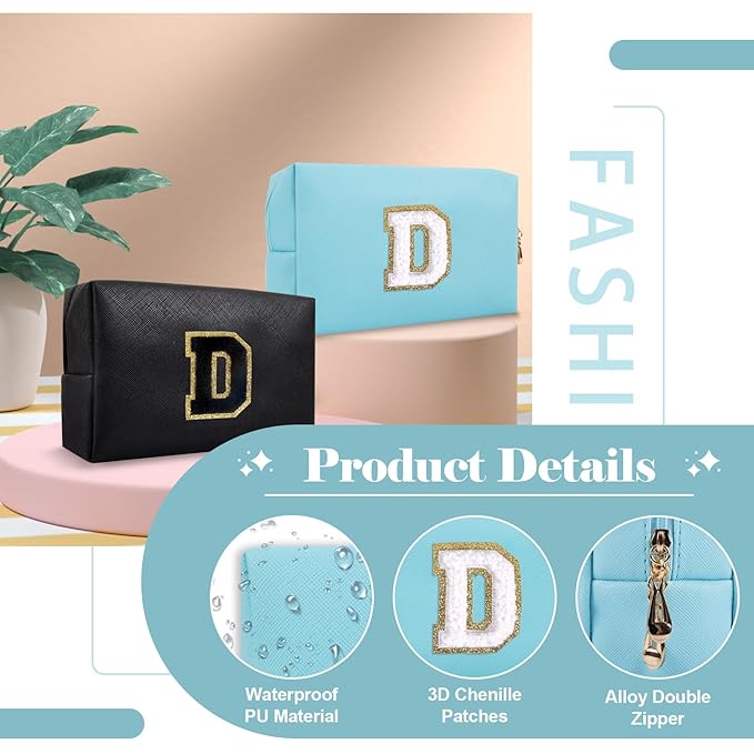 Small Personalized Initial A-Z Preppy Patch Makeup Bag,PU Chenille Letter Travel Cosmetic Pouch with Zipper,Blue Cute Toiletry Bag,Gift Ideal for Teen Girls Women Teacher Bridesmaid,Letter D