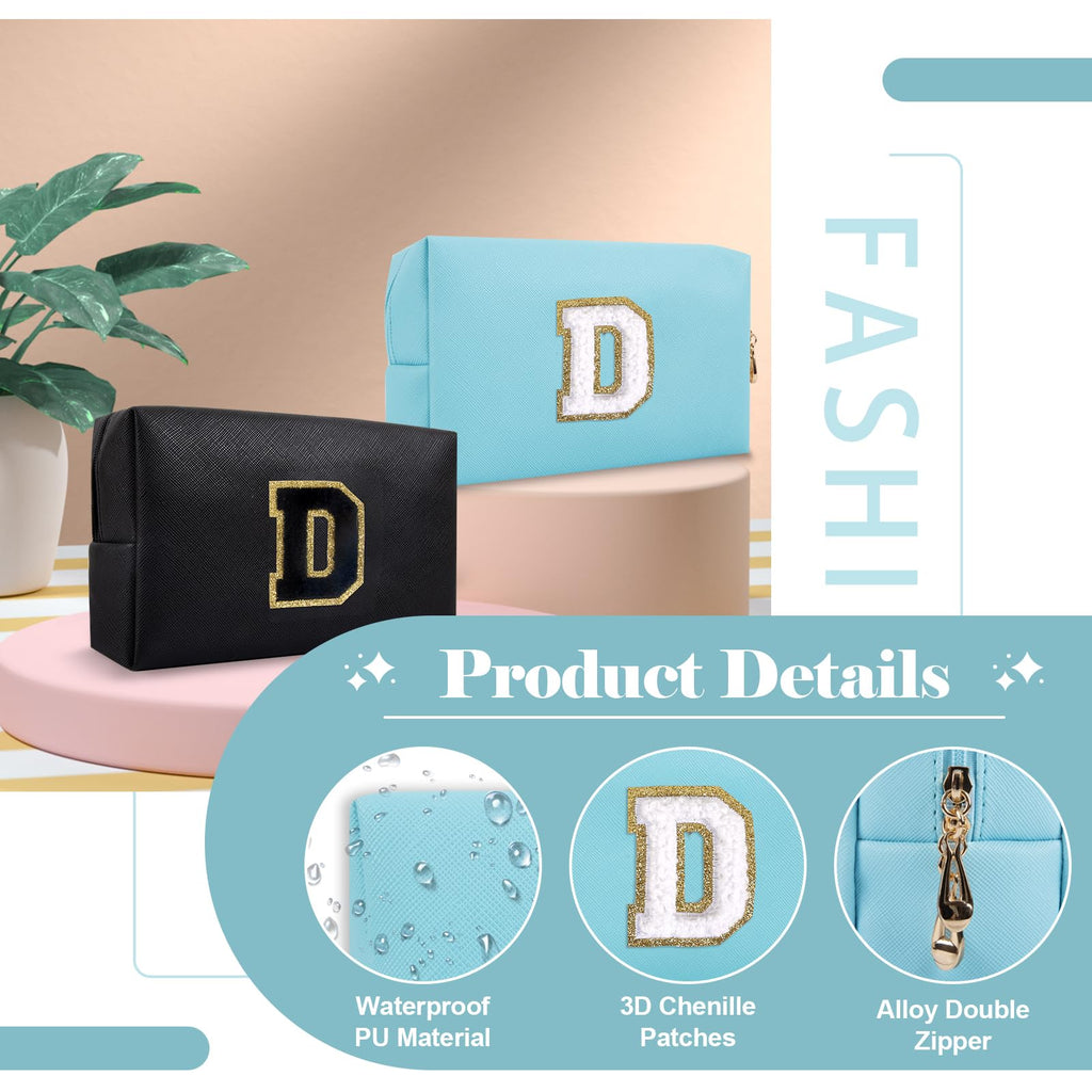 Small Personalized Initial A-Z Preppy Patch Makeup Bag,PU Chenille Letter Travel Cosmetic Pouch with Zipper,Blue Cute Toiletry Bag,Gift Ideal for Teen Girls Women Teacher Bridesmaid,Letter D