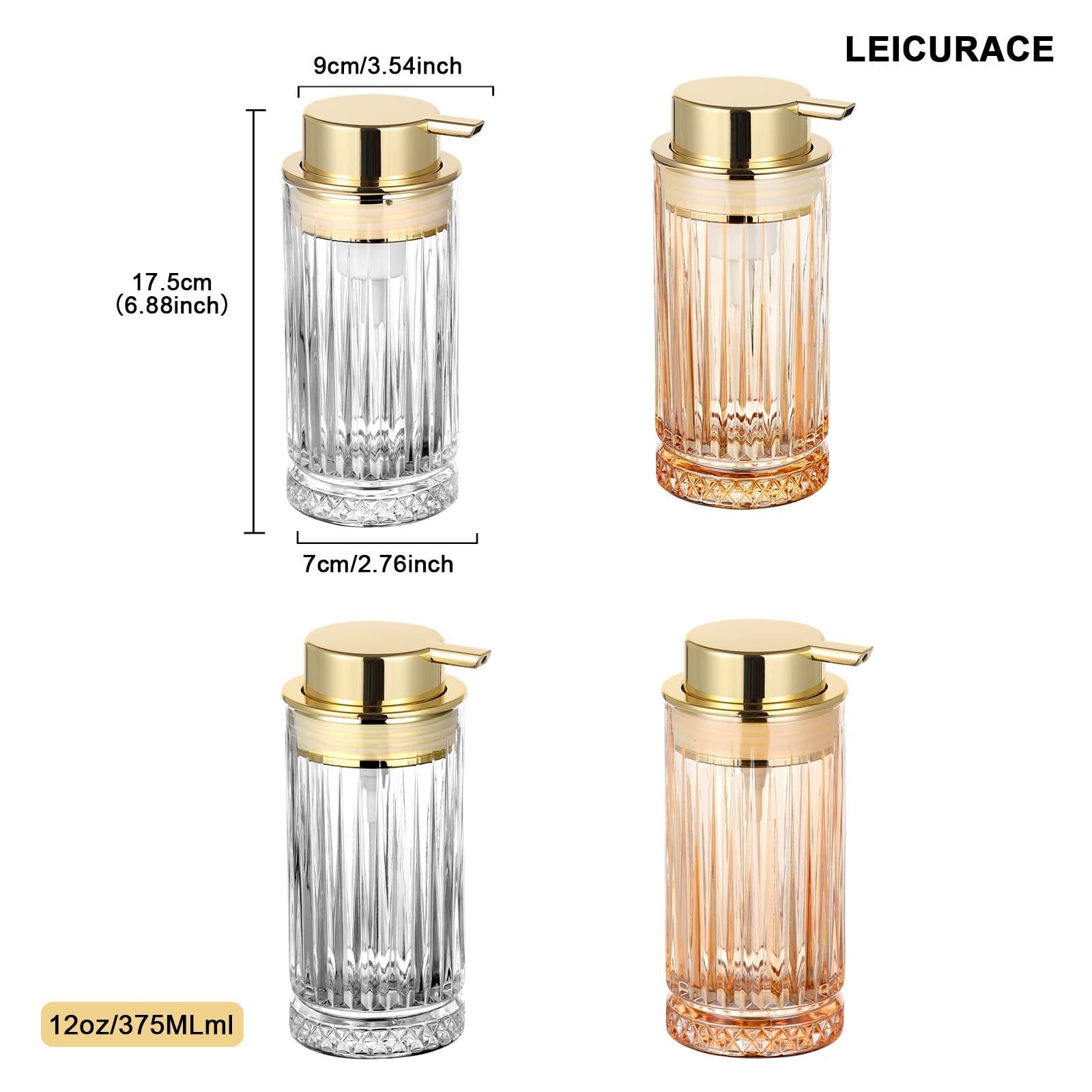 LEICURACE Glass Foam Soap Dispenser, Refillable Faming Dispenser with Gold Pump, Foam Hand Soap Dispenser for Bathroom Kitchen, Home Decor （Foam Type/Gold）