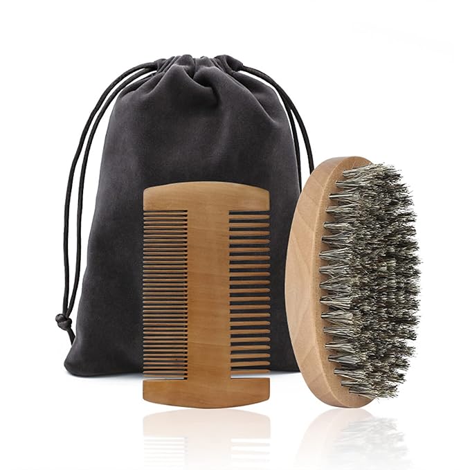 Fan Wu Beard Brush & Wood Comb Set with Velvet Travel Pouch – Natural Boar Bristle Grooming Kit, Anti-Static, No Shedding (Unlike Metal/Plastic Kits) for Beard, Mustache & Hair – Gift for Men