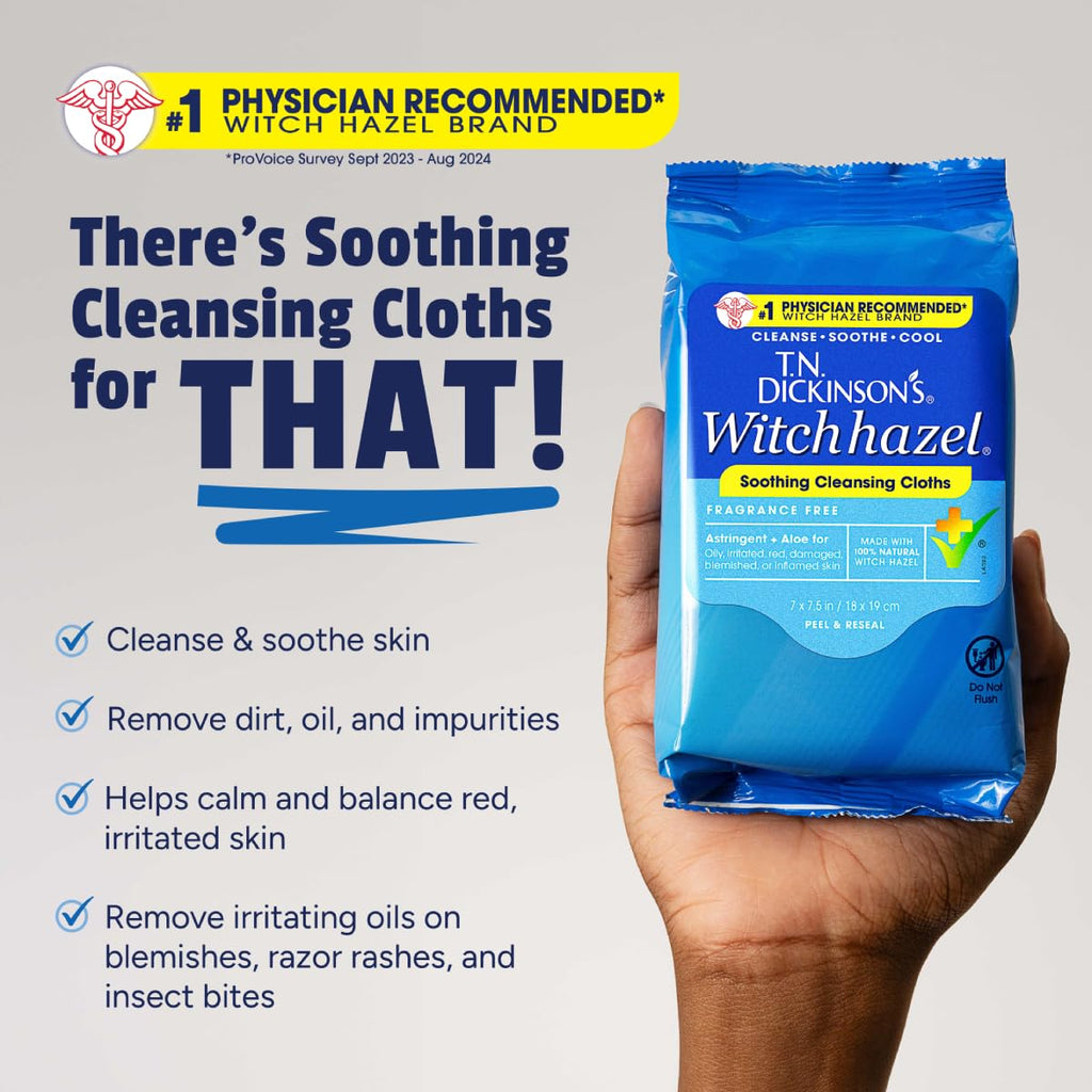 T.N. Dickinson's Witch Hazel Soothing MultiUse Cleansing Cloth, 4 Pack, 25 Cloths Per Pack,white