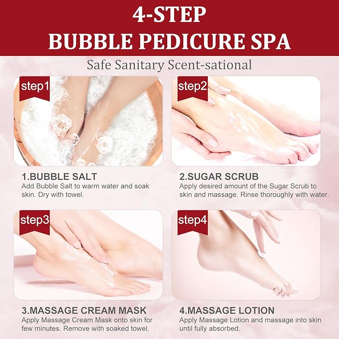 nbc BeautiLab Pedicure Kit Foot Soak Set: Bubble Salt, Sugar Scrub, Massage Mask, Massage Lotion in a Box, 4 Step Foot Spa Kit for Dry Feet,Tired Feet（3 Set Pomegranate)