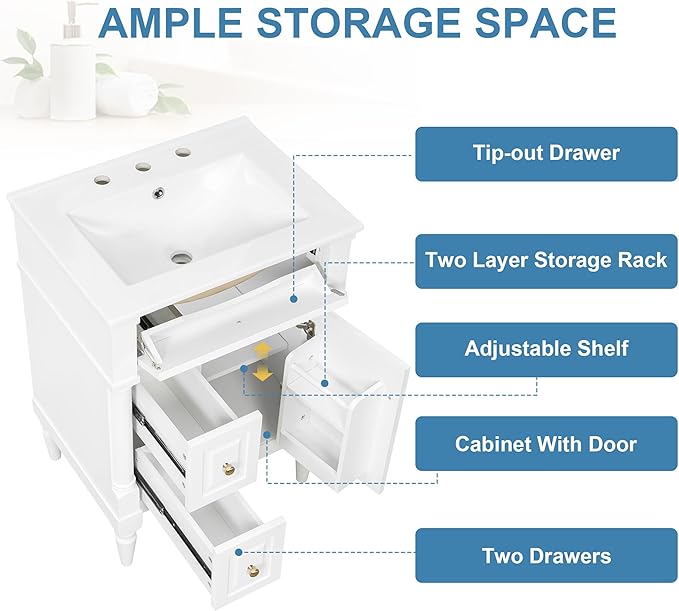 Harper & Bright Designs 24" Bathroom Vanity with Sink, Free Standing Bathroom Vanity Set with Flip Drawer, 2 Drawers, and Adjustable Shelf, Wood Storage Cabinet with Ceramic Basin for Bathroom, White