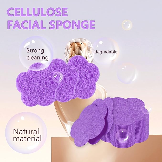 Spunspon 50-Count Facial Sponges, Natural, Modern Flower Shape, Purple, Reusable, Exfoliating, Cleansing, Makeup Gift