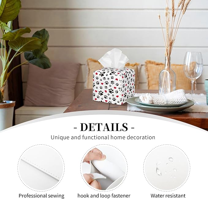 Dog Paw Cat Paw Heart Love Tissue Box Cover Square, Animal Puppy Footprints Tissue Box Holder Waterproof Leather Facial Paper Organizer Dispenser for Bathroom Home Car Nightstand Vanity Desk