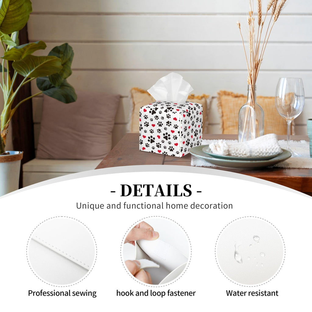 Dog Paw Cat Paw Heart Love Tissue Box Cover Square, Animal Puppy Footprints Tissue Box Holder Waterproof Leather Facial Paper Organizer Dispenser for Bathroom Home Car Nightstand Vanity Desk