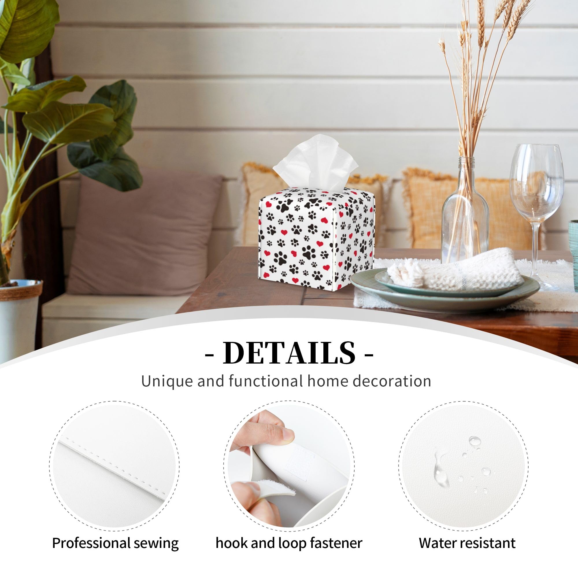 Dog Paw Cat Paw Heart Love Tissue Box Cover Square, Animal Puppy Footprints Tissue Box Holder Waterproof Leather Facial Paper Organizer Dispenser for Bathroom Home Car Nightstand Vanity Desk