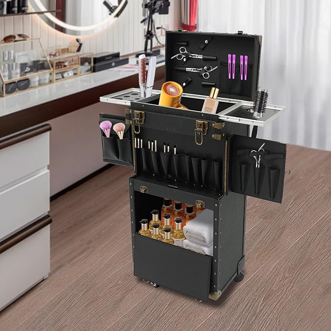 QUEWATSA Rolling Makeup Case Large Storage Cosmetic Trolley, Rolling Lockable Makeup Train Case, Stylist Beauty Salon Cosmetic Luggage Travel Organizer Tool Box with Hair Dryer Holder (Black)