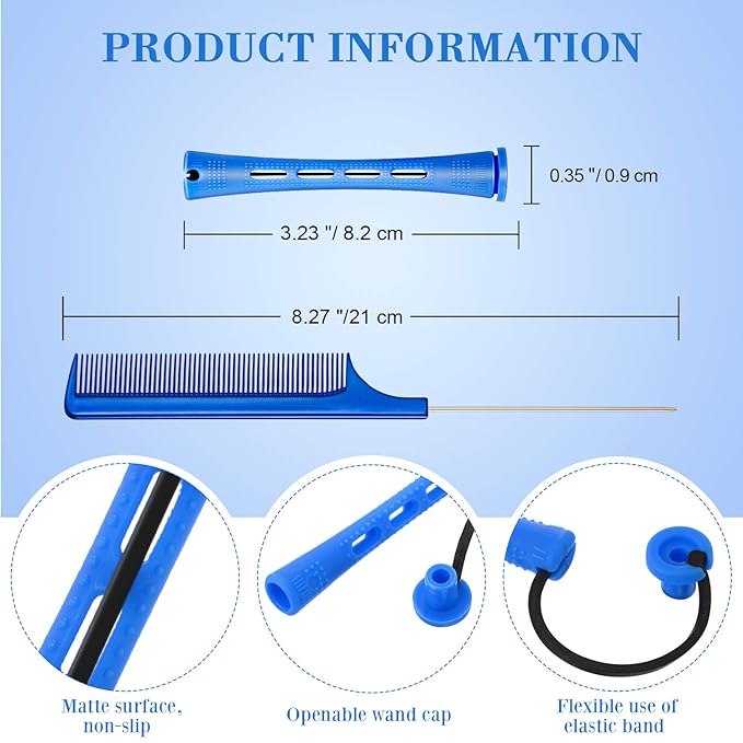 Chuangdi 24 Pcs Hair Perm Rods Plastic Cold Wave Perming Curlers Hair Rollers with Steel Pintail Comb Rat Tail Comb Tools for Hairdressing Styling(Blue,0.35 Inches)