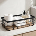 TJ.MOREE Small Metal Wire Basket, Decorative Wood Base Organizer for Bathroom, Kitchen, Basket for Toilet Paper Storage, Sugar Packet, Coffee Syrup, Guest Towel, Napkin(Black 2 Packs)
