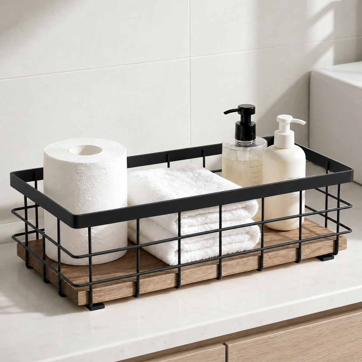 TJ.MOREE Small Metal Wire Basket, Decorative Wood Base Organizer for Bathroom, Kitchen, Basket for Toilet Paper Storage, Sugar Packet, Coffee Syrup, Guest Towel, Napkin(Black 2 Packs)