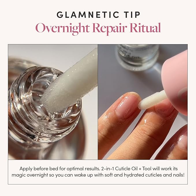 Glamnetic 2-in-1 Cuticle Oil | Nourishing Cuticle Serum & Cuticle Pusher For Healthy Nails | Overnight, Hyaluronic Acid - 0.31 Oz