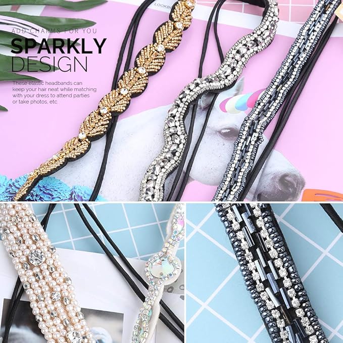 Teenitor 5 Pcs Elastic Rhinestone Beaded Headbands, Jeweled Head Bands for Women's Hair, Hair Headbands Hat Bands for Women