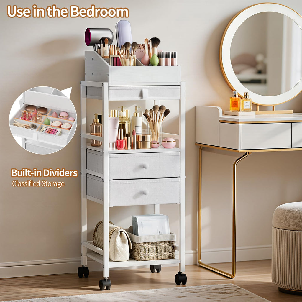 Luxspire Makeup Organizer Cart, Makeup Storage with Drawers, White