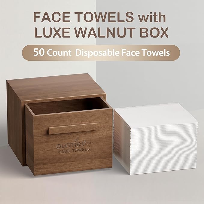 Ourmed Life Walnut Wooden Face Towel Holder Box, Moisture-Resistant Storage Organizer for Bathroom, Includes 50 Ct Disposable Facial Towelettes, 12''x10'' Biodegradable Clean Cloths for Sensitive Skin