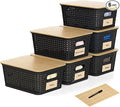 Plastic Storage Baskets with Bamboo Lids and Labels, Stackable Storage Containers, Storage Bins for Organizing Shelves Drawers Desktop Closets Office, 6 Packs-Black