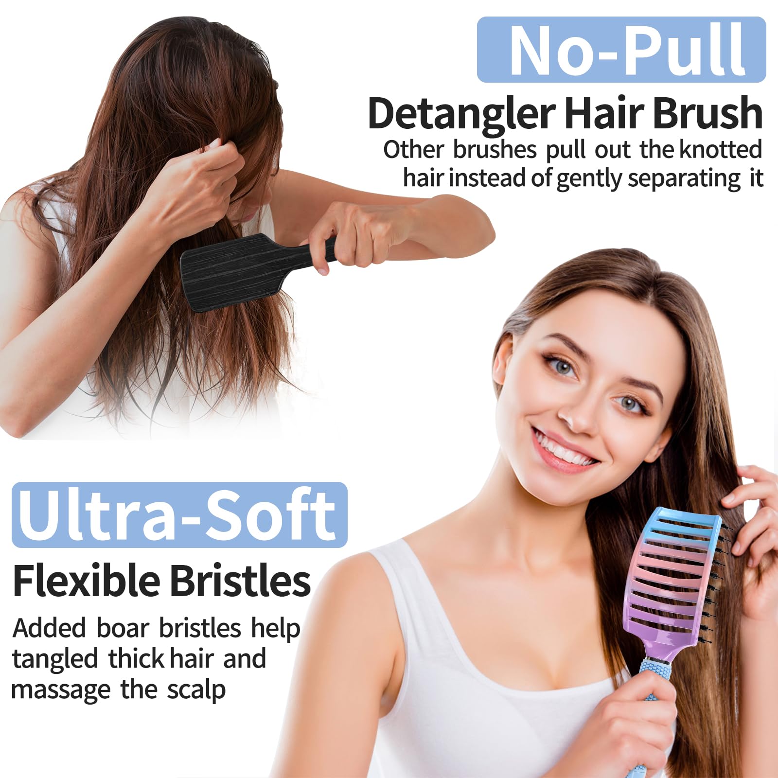 Boar Bristle Hair Brush Set of 2, HIPPIH Wet & Dry Hair Brushes Made by Fine Natural Boar Hair Can Adds Shine and Smoothing, Detangling Hairbrush for Women, Men & Kids' Long Curly Thick Hair