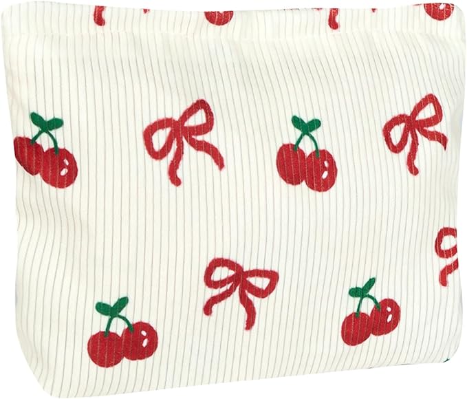 Ksriylm Cute Makeup Pouch for Women Bow Cherry Small Make Up Bag for Purse Zipper Initial Cosmetic Bags Pouches for Purse Aesthetic Travel Toiletrybags,Red Cherries Bows