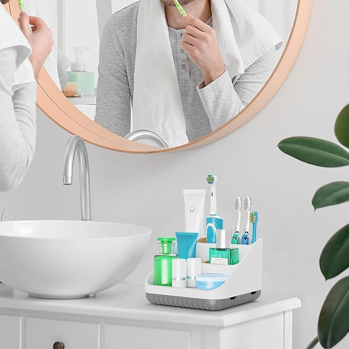 Chintu Bathroom Toothbrush Holders for Countertop - Electric Toothbrush Organizer 6 Slots Tooth Brush Organization for Kids Family, Toothpaste Holder for Bathroom Vanity Organizer Storage White