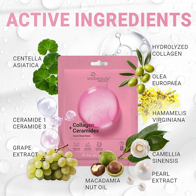 VIABEAUTY 24 Pack of Collagen Face Mask with Ceramides - Rejuvenating Facial Sheet Mask, Fine Lines & Reduce Wrinkles - Face Masks Skincare Moisturizing Collagen Mask for All Skin Types