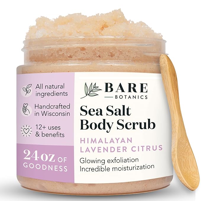 Bare Botanics 24oz Lavender Citrus Himalayan Sea Salt Body Scrub | Non-toxic, Vegan & Cruelty-free | Made in Madison, WI | Full Body Exfoliator & Hydrating Moisturizer with a Cute Wooden Spoon