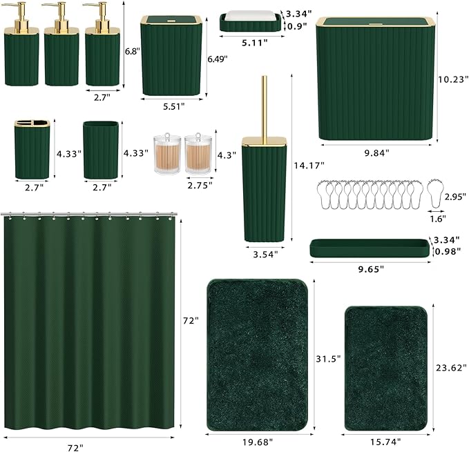 InnJoey Bathroom Sets with Shower Curtain and Rugs - Elegant Bathroom Set, 27PC Bathroom Accessories Set, Green Bathroom Set, Mini Trash Can, Toilet Brush, Trash Can & Soap Dispenser