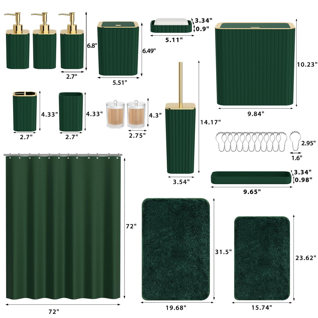 InnJoey Bathroom Sets with Shower Curtain and Rugs - Elegant Bathroom Set, 27PC Bathroom Accessories Set, Green Bathroom Set, Mini Trash Can, Toilet Brush, Trash Can & Soap Dispenser