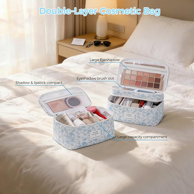 Gosect Quilted Floral Makeup Bag, Double Layer Large Capacity Cosmetic Bag with Compartments, Cute Coquette Aesthetic Toiletry Bag, Portable Travel Organizer with Dividers for Women Girls