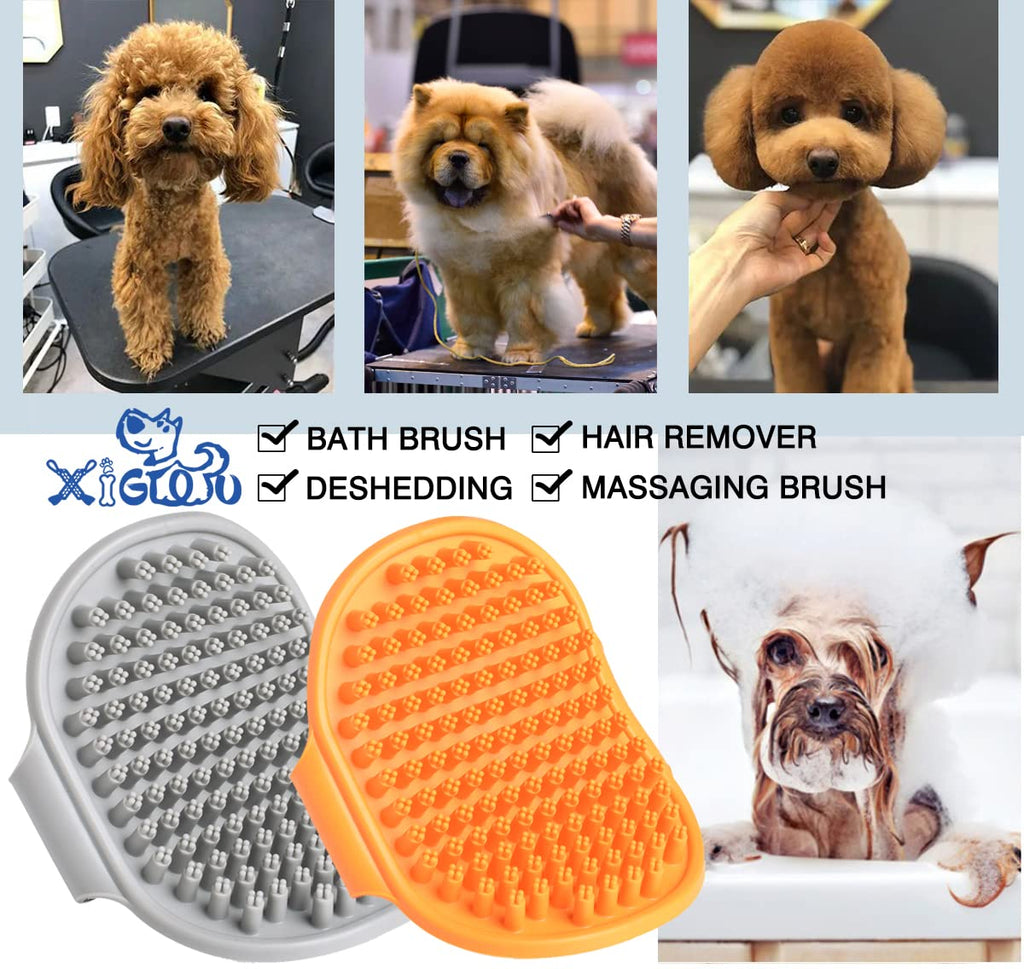 XIGOU Dog Bath Brush, 2 Pcs Short Hair Grooming Brush for Dogs & Cats - Soothing Massage Rubber Bristles Curry Comb with Adjustable Handle