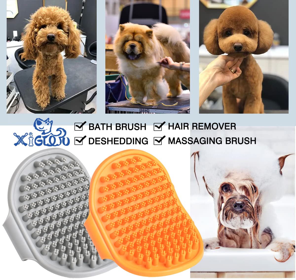 XIGOU Dog Bath Brush, 2 Pcs Short Hair Grooming Brush for Dogs & Cats - Soothing Massage Rubber Bristles Curry Comb with Adjustable Handle