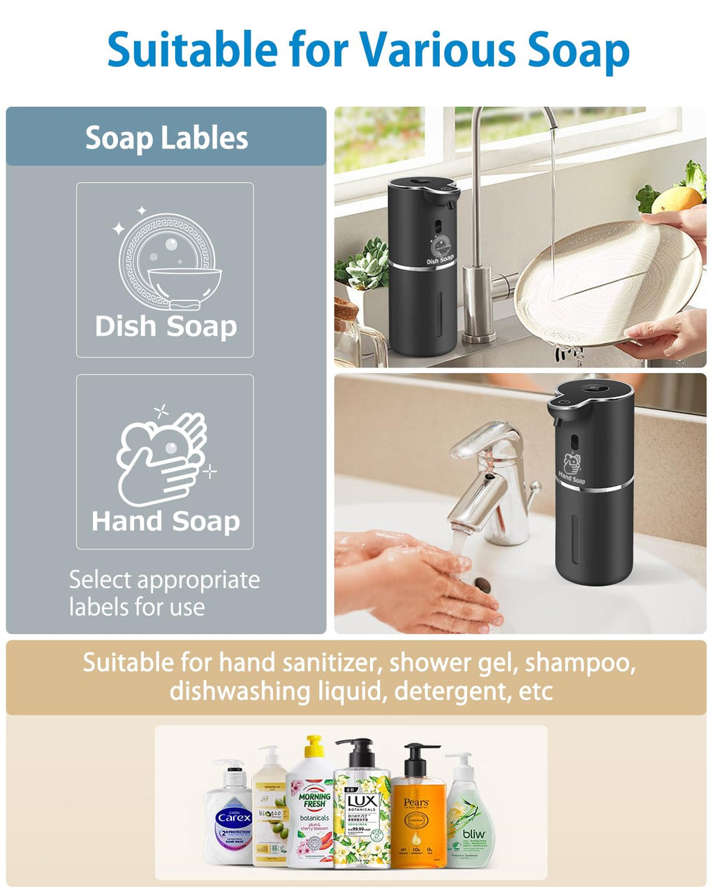 Automatic Liquid Soap Dispenser 12.8oz, Rechargeable & 6 Levels Soap Adjustable with Digital Display, Wall Mount, Waterproof, Touchless Hand/Dish Soap Dispenser for Kitchen, Bathroom, Hotel