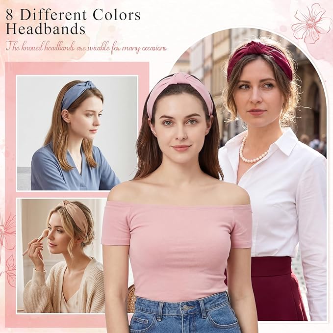 obeoby 8Pcs Knotted Headbands, Non-Slip Fashion Women's Hairbands Mothers Day Gifts for Grandma(Dark Series)
