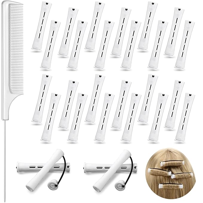Chuangdi 24 Pcs Hair Perm Rods Plastic Cold Wave Perming Curlers Hair Rollers with Steel Pintail Comb Rat Tail Comb Tools for Hairdressing Styling(White,0.63 Inches)