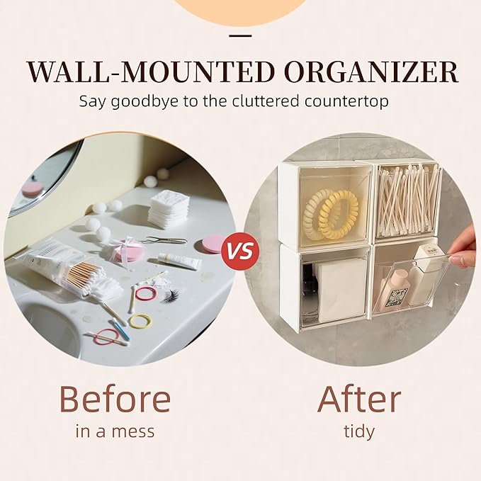 Josphlies Qtip Holder Wall Mount for Cotton Swabs, Balls, Pads, Hair Ties,Floss Picks- Small Plastic Bathroom Wall Organizers and Storage Set,Bedside Shelf,Home Decor,Dorm Room Essentials (4)