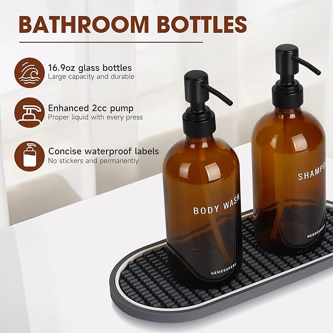 Nemosupery Amber Glass Shampoo and Conditioner Dispenser Set – 16.9oz Refillable Bottles with Stainless Steel Pump, Non-Slip Mat & Waterproof Labels –Shampoo Conditioner Body Wash Dispenser for shower