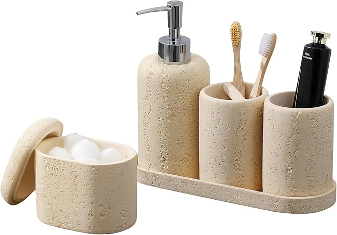 Bathroom Accessories Set, 5PCS, Travertine Stone Look