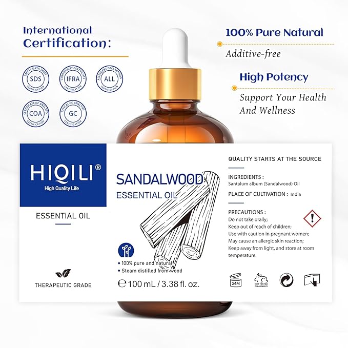 HIQILI Sandalwood Essential Oils for Perfume, Diffuser & Skin Care