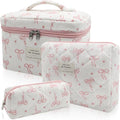 Gosect Quilted Makeup Bag Set, 3pc Large Floral Cosmetic Bag for Women, Cute Cotton Makeup Bags, Flower Travel Toiletry Organizer Bag (White Pink Small Bow)