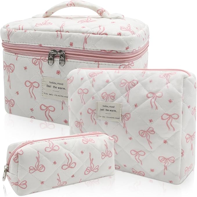 Gosect Quilted Makeup Bag Set, 3pc Large Floral Cosmetic Bag for Women, Cute Cotton Makeup Bags, Flower Travel Toiletry Organizer Bag (White Pink Small Bow)