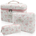 Gosect Quilted Makeup Bag Set, 3pc Large Floral Cosmetic Bag for Women, Cute Cotton Makeup Bags, Flower Travel Toiletry Organizer Bag (White Pink Small Bow)
