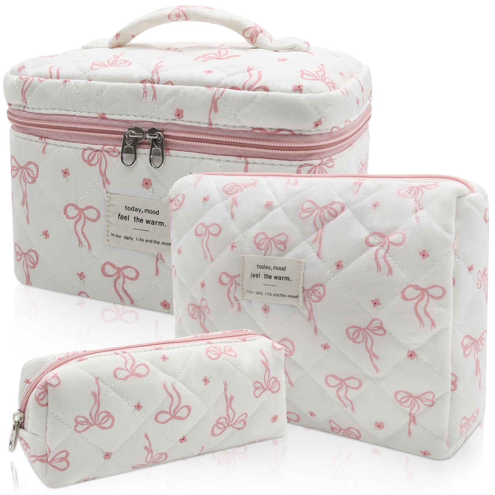 Gosect Quilted Makeup Bag Set, 3pc Large Floral Cosmetic Bag for Women, Cute Cotton Makeup Bags, Flower Travel Toiletry Organizer Bag (White Pink Small Bow)
