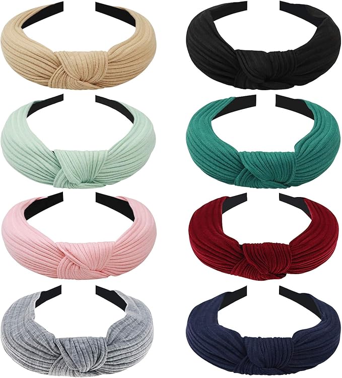 DRESHOW 8 Pack Knotted Headbands for Women Wide Turban Headband Yoga Exercise Ribbing Head Wraps Hair Bands Accessories
