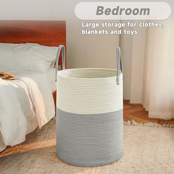 JMvicyroam Large Woven Laundry Basket Hamper,100L Cotton Rope Storage Bin for Blankets,Toys and Clothes,Decorative Tall Nursery Hamper for Living Room,Baby Nursery,Bathroom and Bedroom,White and Grey